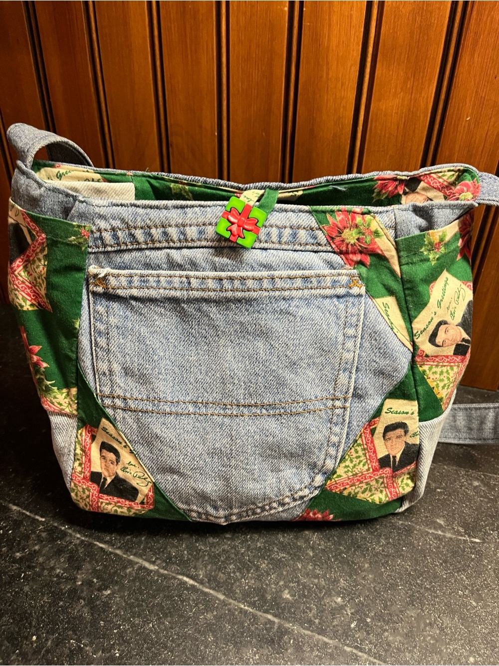 Hand Crafted Recycled Denim & Elvis Patchwork Shoulder Bag with Floral Accents